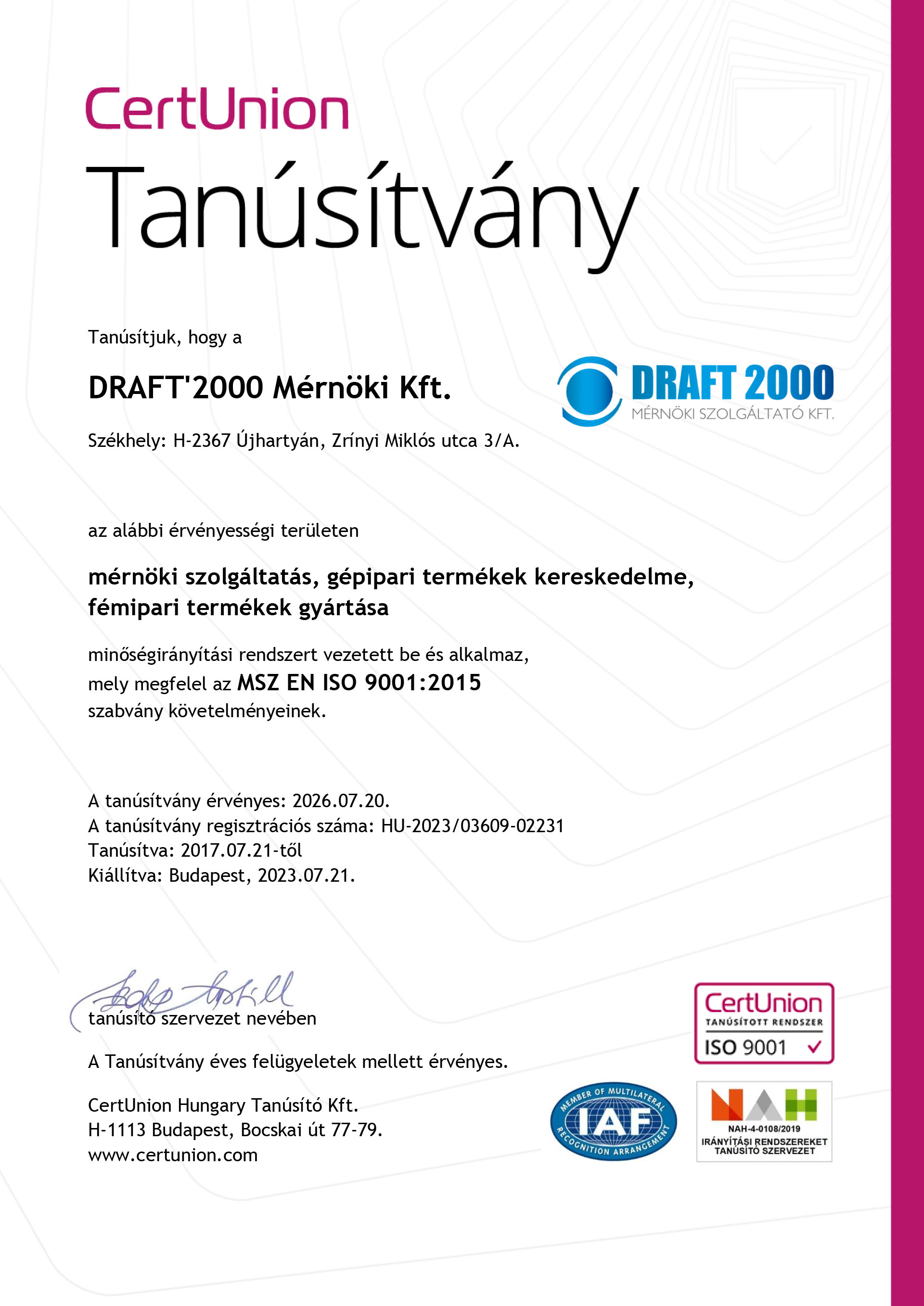 Tanusitvany magyar DRAFT2000 Kft ISO9001